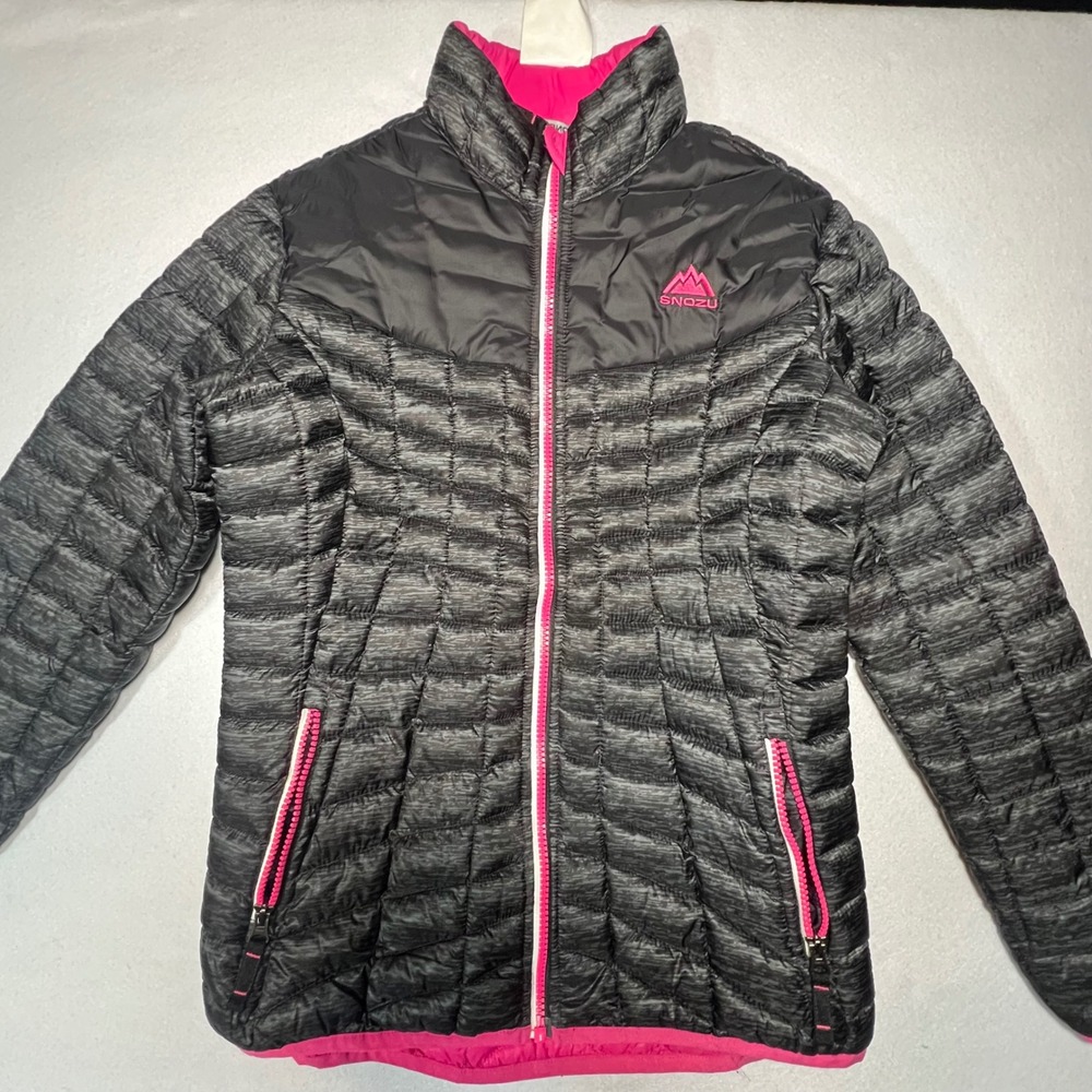 Snozu Girls Puffer Jacket Grey Space Dye Pink Trim Full Zip Size L 14/16